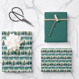 Schneevereevergrün mit Stern und Waldtieren Geschenkpapier Set