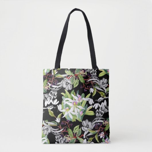 Schneeverfahren & Orchideen: Schwarzes Muster Tasche (Vorderseite)