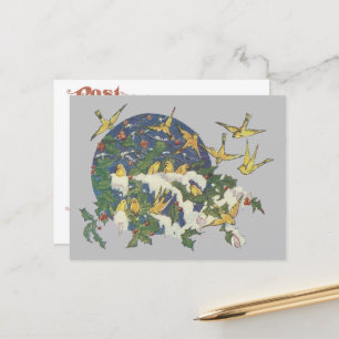 Schneevögel, Holly und Schnee - Weihnachten Postkarte