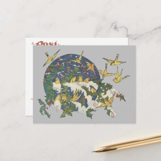 Schneevögel, Holly und Schnee - Weihnachten Postkarte (Vorderseite/Rückseite Beispiel)