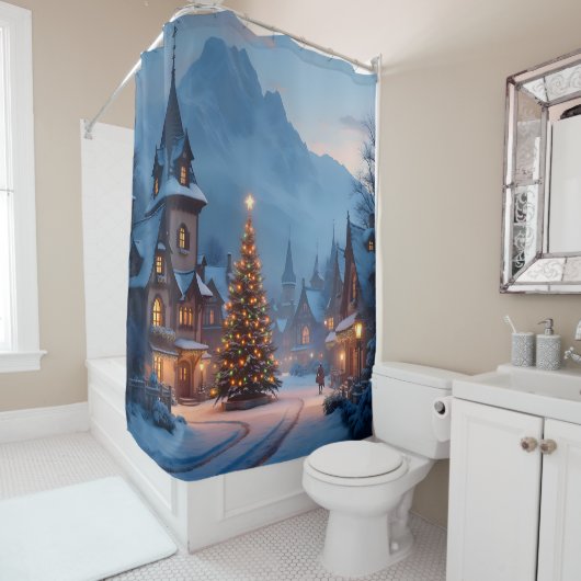 Schneevoller Abend auf dem Platz -  Duschvorhang (Beispiel)