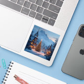 Schneevoller Abend auf dem Platz - Quadratisches V Aufkleber (Laptop mit iPhone)