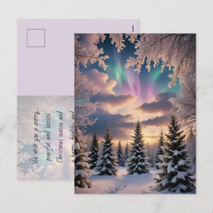 Schneewald, Eiskristalle, Nordlichter Feiertagspostkarte