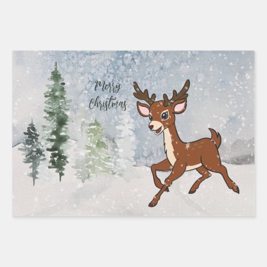 Schneewald mit Hirschen Geschenkpapier Set (Vorderseite)