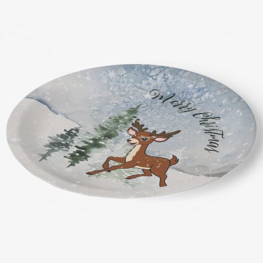 Schneewald mit Hirschen Pappteller (Schrägansicht)