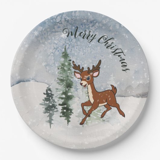 Schneewald mit Hirschen Pappteller (Vorderseite)
