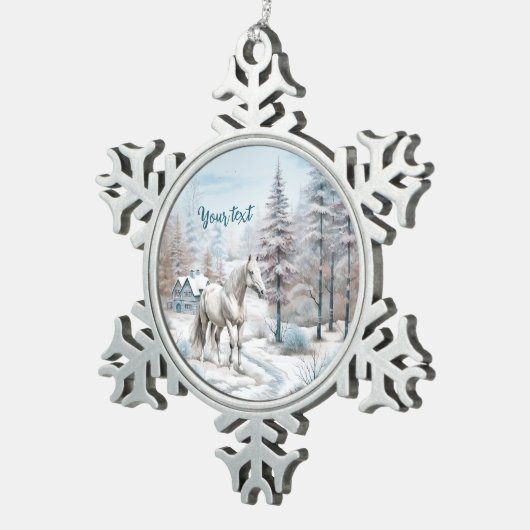 Schneewald Pferd Winterszene Weihnachten Schneeflocken Zinn-Ornament (Rechts)