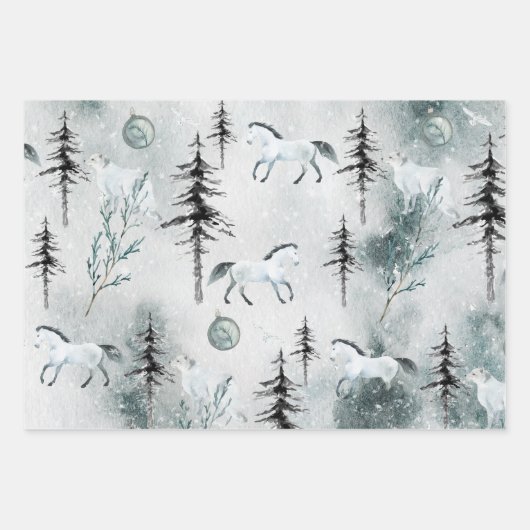 Schneewald Weißes Pferd & Arktischer Fuchs Geschenkpapier Set (Vorderseite 2)