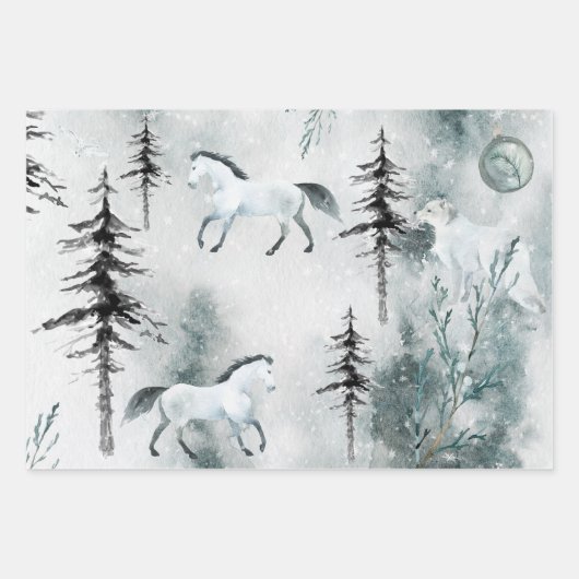 Schneewald Weißes Pferd & Arktischer Fuchs Geschenkpapier Set (Vorderseite)