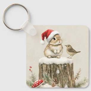 Schneewald-Winter-Wald-Weihnachts-Hase-Vogel  Schlüsselanhänger