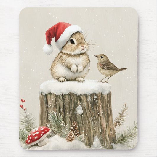 Schneewald Winterwald Weihnachts Hase Vogel Mousepad (Vorne)