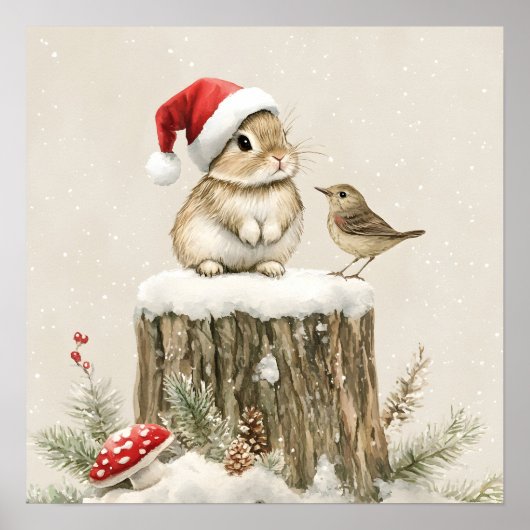 Schneewald Winterwald Weihnachtsbaum Bunny Bird Poster (Vorne)