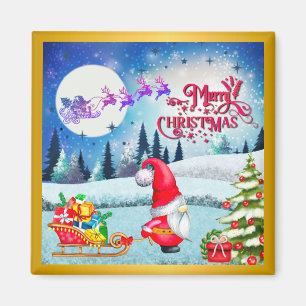 Schneeweihnachtsgnome und die Schlittengeschenke d Magnet