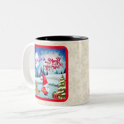 Schneeweihnachtsgnome und die Schlittengeschenke d Zweifarbige Tasse (Vorderseite Links)
