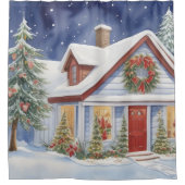 Schneeweihnachtshaus Wintermalerei Wasserfarbe Duschvorhang (Vorderseite)