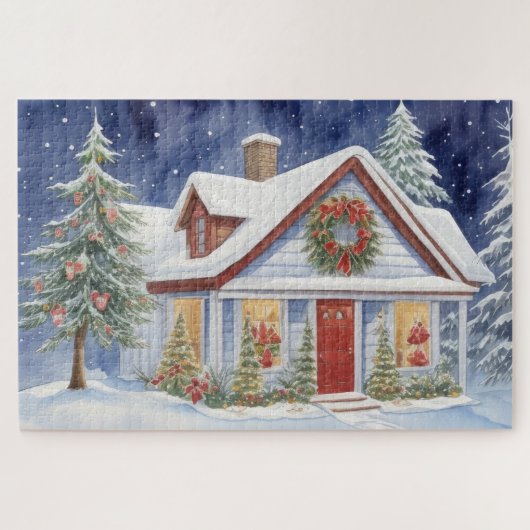 Schneeweihnachtshaus Wintermalerei Wasserfarbe Puzzle (Horizontal)
