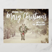 Schneeweihnachtspferd mit Kraut Folien Feiertagspostkarte (Vorderseite)