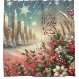 "Schneeweihnachtstadt, Schneebedeckte Bäume" Duschvorhang