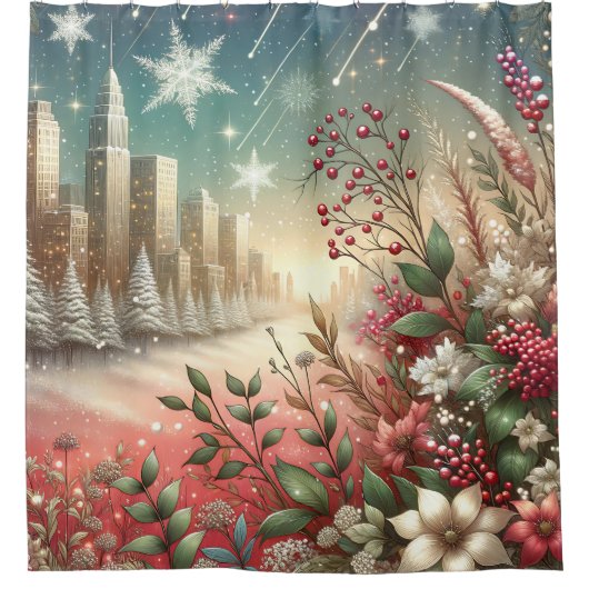 "Schneeweihnachtstadt, Schneebedeckte Bäume" Duschvorhang (Vorderseite)