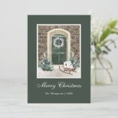 Schneeweihnachttür Dunkelgrün Feiertagskarte (Stehend Vorderseite)