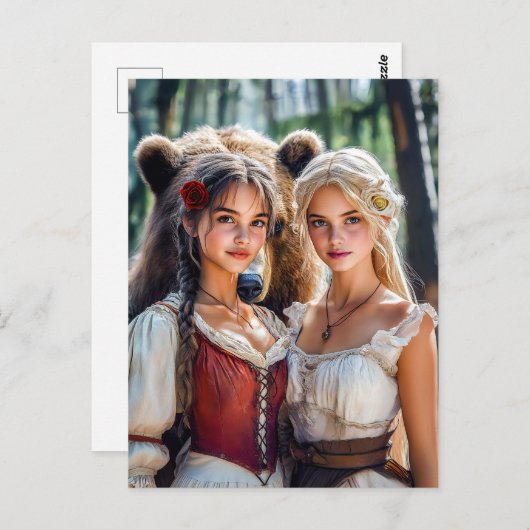 Schneeweiß und Rose-Rot mit dem Bären Postkarte (Vorne/Hinten)