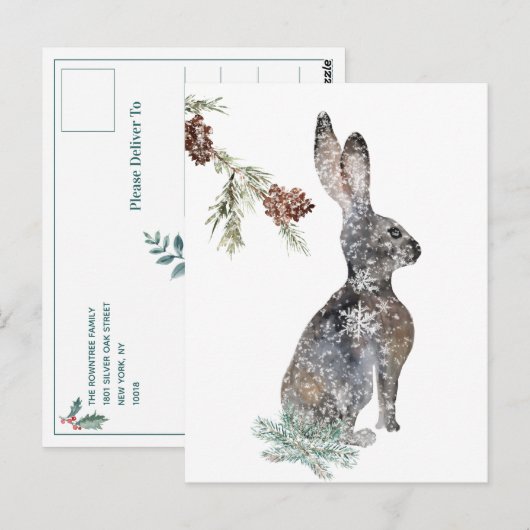 Schneewinterhasen unter einer Baumwasserfarbe Postkarte (Vorne/Hinten)