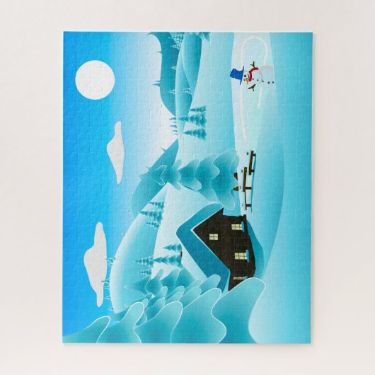 Schneewinterhütte und Niedlicher Schneemann Puzzle (Vertikal)