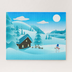 Schneewinterhütte und Niedlicher Schneemann Puzzle