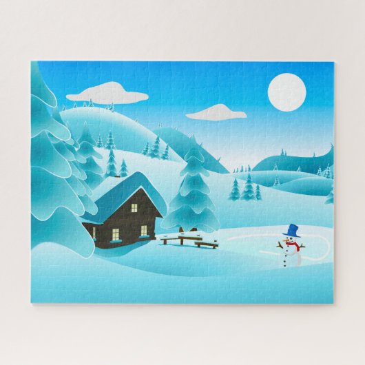 Schneewinterhütte und Niedlicher Schneemann Puzzle (Horizontal)