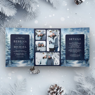 Schneewinterwald Foto Collage Navy Hochzeit Dreifach Gefaltete Einladung