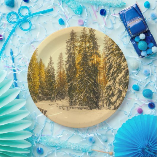 Schneewinterweg mit Pinienbäumen Pappteller (Party)