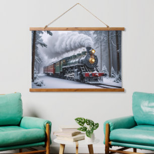 Schneezug in der Winterlandschaft Wandteppich Mit Holzrahmen
