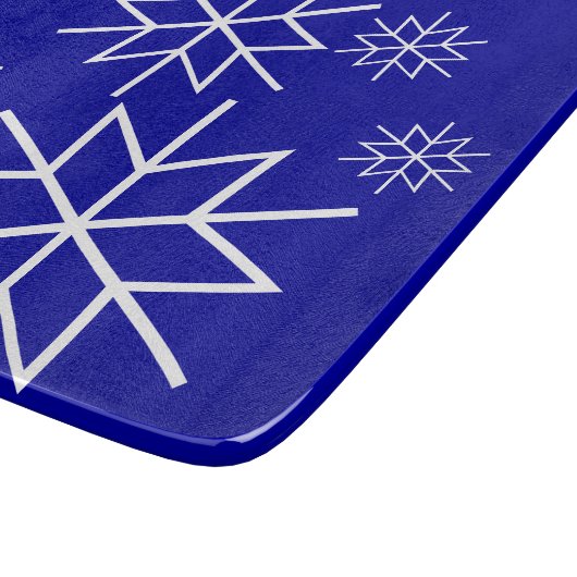 Schneidebrett - Weiße Schneeflocken auf blau (Ecke)