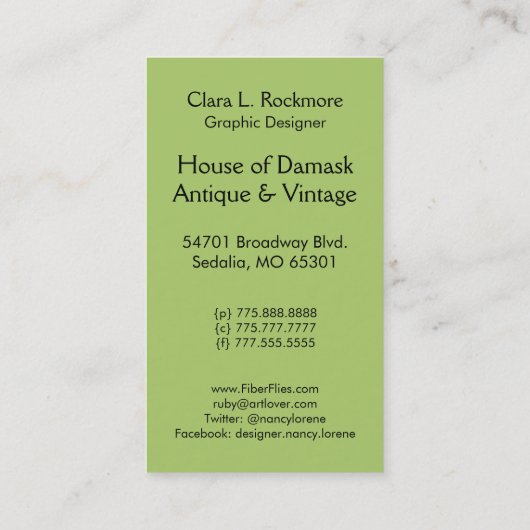 Schneiden Sie Samt, MEDAILLON im GRÜN und Visitenkarte (Rückseite)