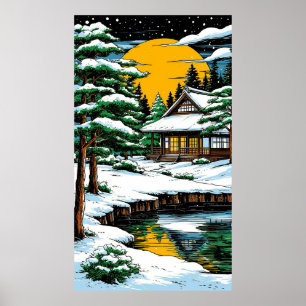 Schneidiges japanisches Cottage beim mondbeschiene Poster