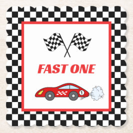 Schnell ein roter Retro-Rennwagen zum Thema Geburt Untersetzer