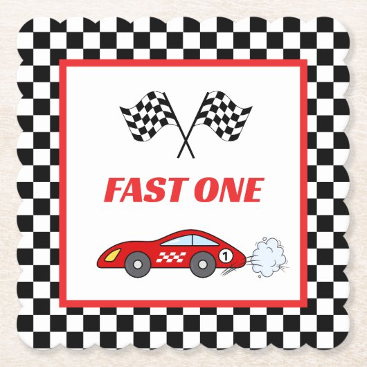 Schnell ein roter Retro-Rennwagen zum Thema Geburt Untersetzer (Vorderseite)