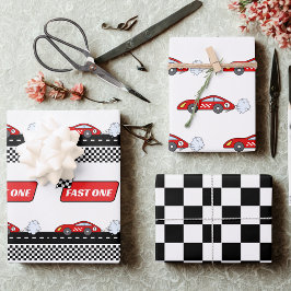 Schnell ein rotes Retro-Rennwagen Thema Geburtstag Geschenkpapier Set