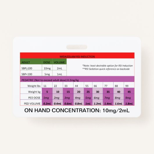 Schnelldosis RE: Midazolam RSI Induktion/Sättigung Ausweis (Vorderseite)