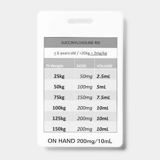 Schnelldosis RE: Succinylcholin RSI Paralytic Ausweis (Vorderseite)