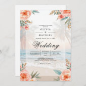 Schnelle Peach Floral Beach Hochzeit Einladung (Vorne/Hinten)