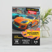 Schnelle und lustige Rennwagen Geburtstagsparty Einladung (Stehend Vorderseite)