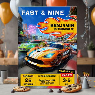 Schnelle und lustige Rennwagen Geburtstagsparty Einladung