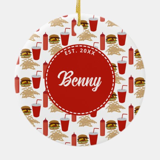 Schnelles Futter Burger Fries Muster Monogramm Keramik Ornament (Hinten)