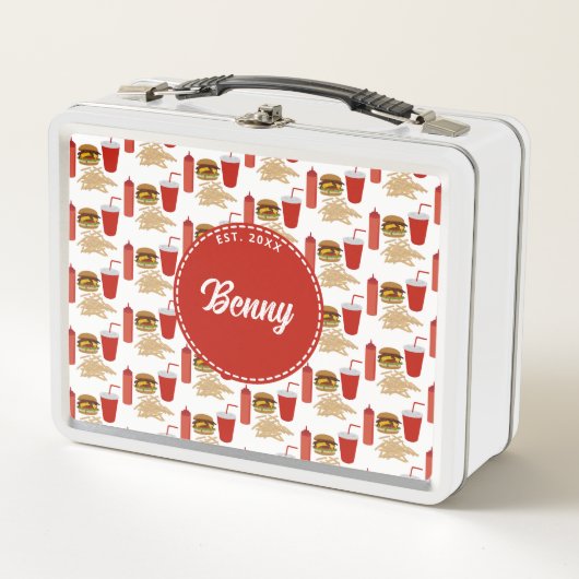 Schnelles Futter Burger Fries Muster Monogramm Metall Brotdose (Vorderseite)