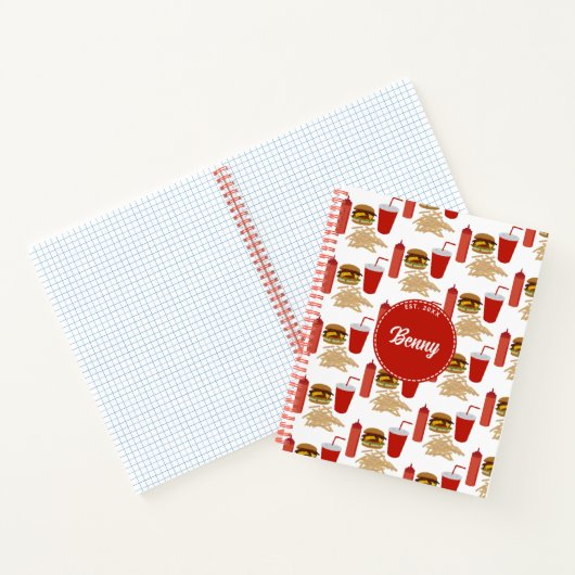 Schnelles Futter Burger Fries Muster Monogramm Notizblock (Innenseite)