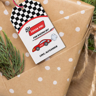 Schnelles rotes Retro-Rennwagen-Thema für Jungen-G Geschenkanhänger