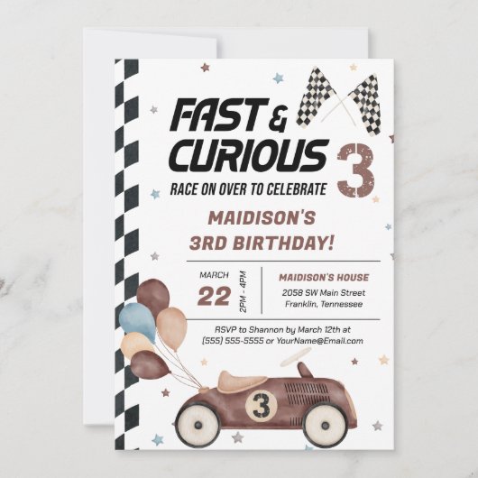 Schnelles und kurioses braunes Rennen Auto 3. Gebu Einladung (Vorderseite)
