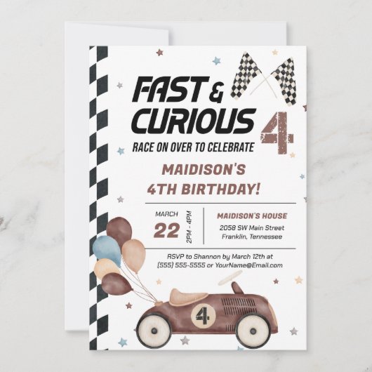 Schnelles und kurioses braunes Rennwagen 4. Geburt Einladung (Vorderseite)