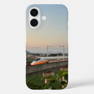 Schnellzug bei Sonnenuntergang: Moderne Eisenbahnl iPhone 16 Hülle
